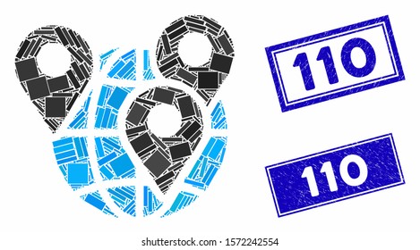 Mosaic geo targeting icon and rectangle 110 stamps. Flat vector geo targeting mosaic icon of scattered rotated rectangle items. Blue 110 rubber stamps with rubber textures.