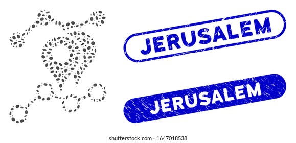 Mosaic geo trends and corroded stamp seals with Jerusalem caption. Mosaic vector geo trends is created with random elliptic parts. Jerusalem stamp seals use blue color, and have round rectangle shape.
