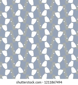 Mosaic with geometric or abstract shapes arranged alternately on vertical rows. Pattern in light blue, gray and white. Tile. Decorative background. Vector illustration.