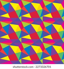 Mosaic geometric background. Funky, colorful vibe art, rainbow colors palette. Simple, clean, modern texture. Geometric, polygon style. Summer seamless pattern, playful texture. Triangles.