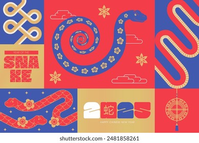 Diseño de Plantilla de Anuncio geométrico de mosaico para el año Nuevo chino 2025, año de la serpiente con Elementos asiáticos zodiacales. Traducir - Snake. Ilustración vectorial plana.