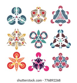 Mosaic geometric color ornaments. Vector abstract symbols isolated on white