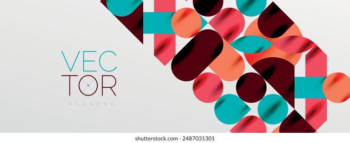 Elementos geométricos en mosaico. Círculos de colores, Formas geométricas redondeadas y líneas con efectos 3D de sombra. Fondo abstracto de las formas simples para el Fondo de pantalla, el Anuncio, la Plantilla o el aterrizaje