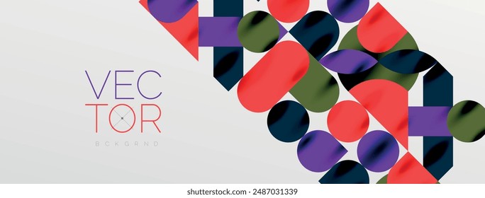 Mosaic geometric elements. Colorful circles, round geometric shapes and lines with shadow 3d effects. Simple forms abstract background for wallpaper, banner, template or landing
