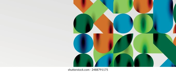 Elementos geométricos en mosaico. Círculos de colores, Formas geométricas redondeadas y líneas con efectos 3D de sombra. Fondo abstracto de las formas simples para el Fondo de pantalla, el Anuncio, la Plantilla o el aterrizaje
