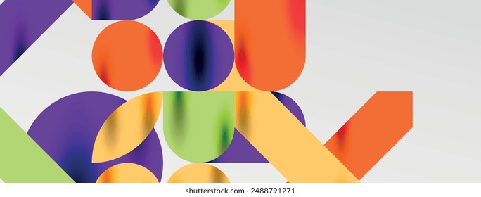 Mosaic geometric elements. Colorful circles, round geometric shapes and lines with shadow 3d effects. Simple forms abstract background for wallpaper, banner, template or landing