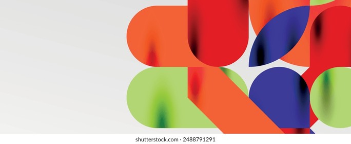 Mosaic geometric elements. Colorful circles, round geometric shapes and lines with shadow 3d effects. Simple forms abstract background for wallpaper, banner, template or landing