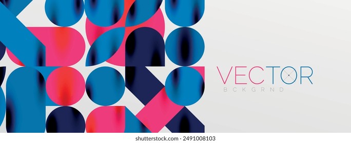 Elementos geométricos en mosaico. Círculos de colores, Formas geométricas redondeadas y líneas con efectos 3D de sombra. Fondo abstracto de las formas simples para el Fondo de pantalla, el Anuncio, la Plantilla o el aterrizaje