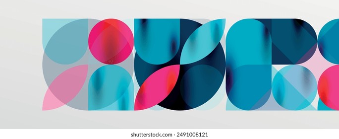 Elementos geométricos en mosaico. Círculos de colores, Formas geométricas redondeadas y líneas con efectos 3D de sombra. Fondo abstracto de las formas simples para el Fondo de pantalla, el Anuncio, la Plantilla o el aterrizaje
