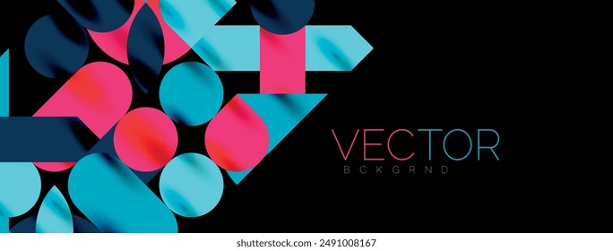 In: Mosaic Geometric Elemente. Bunte Kreise, runde geometrische Formen und Linien mit Schatten-3D-Effekten. Einfache Formen abstrakter Hintergrund für Bildschirmhintergrund, Banner, Vorlage oder Landung