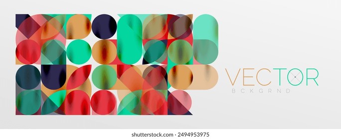 Mosaic geometric elements. Colorful circles, round geometric shapes and lines with shadow 3d effects. Simple forms abstract background for wallpaper, banner, template or landing