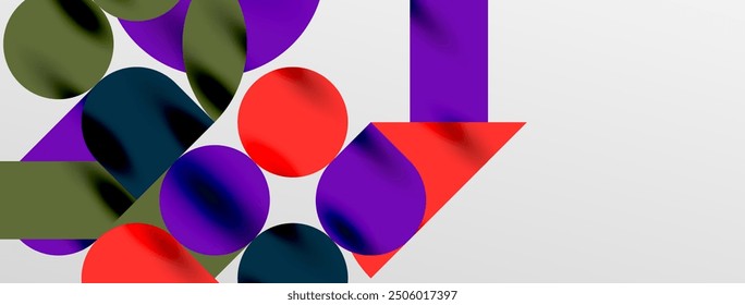 Mosaic geometric elements. Colorful circles, round geometric shapes and lines with shadow 3d effects. Simple forms abstract background for wallpaper, banner, template or landing