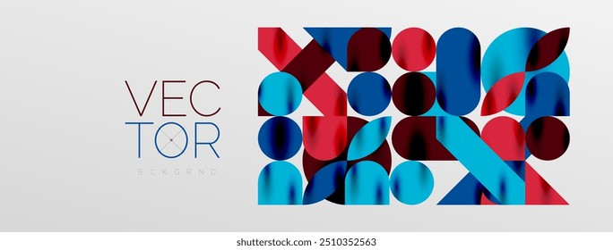Elementos geométricos em mosaico. Círculos coloridos, formas geométricas arredondadas e linhas com efeitos 3d de sombra. Formas simples fundo abstrato para papel de parede, banner, modelo ou landing