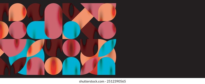 Elementos geométricos de mosaico. Círculos de colores, Formas geométricas redondas y líneas con efectos de sombra 3d. Fondo abstracto de formas simples para Fondo de pantalla, Anuncio, Plantilla o aterrizaje