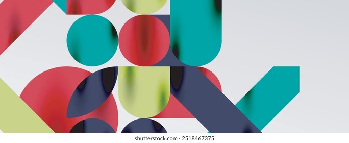 Elementos geométricos de mosaico. Círculos de colores, Formas geométricas redondas y líneas con efectos de sombra 3d. Fondo abstracto de formas simples para Fondo de pantalla, Anuncio, Plantilla o aterrizaje