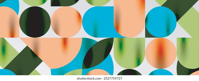 Mosaic geometric elements. Colorful circles, round geometric shapes and lines with shadow 3d effects. Simple forms abstract background for wallpaper, banner, template or landing