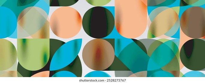 Mosaic geometric elements. Colorful circles, round geometric shapes and lines with shadow 3d effects. Simple forms abstract background for wallpaper, banner, template or landing