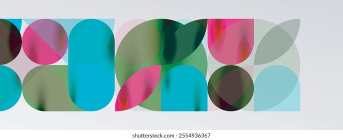 Mosaic geometric elements. Colorful circles, round geometric shapes and lines with shadow 3d effects. Simple forms abstract background for wallpaper, banner, template or landing