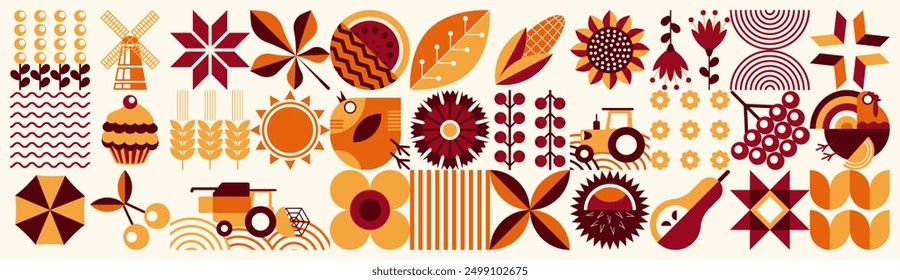 Mosaic geometric floral pattern. Scandinavian style. Natural organic flower plants, eco agriculture concept. Abstraction. Vector minimal illustration	