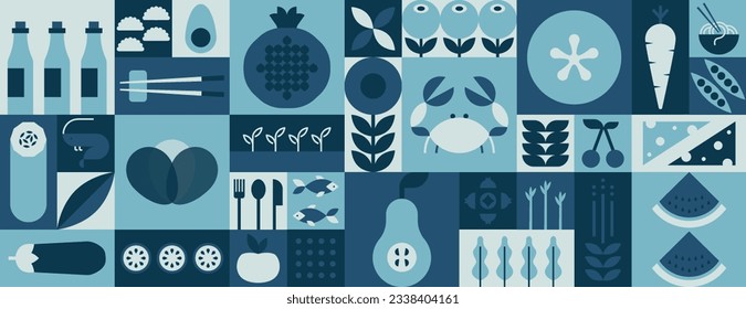 Mosaic geometric food banner. Natural fruit vegetable seafood pattern restaurant menu identity design. Vector background