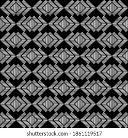 Mosaic with geometric shapes. Black and white color. Seamless pattern. The design of strokes. Textile. Ethnic boho ornament. Vector illustration for web design or print.