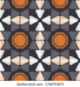 Mosaic with geometric shapes. Design with manual hatching.  Geometry. Seamless pattern. Textile. Ethnic boho ornament. Vector illustration for web design or print.