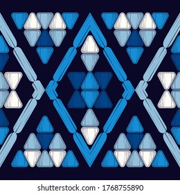 Mosaic with geometric shapes. Design with manual hatching.  Geometry. Seamless pattern. Textile. Ethnic boho ornament. Vector illustration for web design or print.