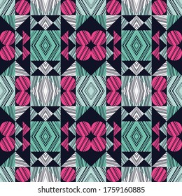 Mosaic with geometric shapes. Geometry. Seamless pattern. Design with manual hatching. Ethnic boho ornament. Vector illustration for web design or print.