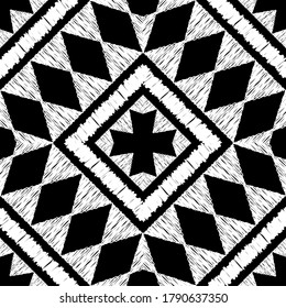 Mosaic with geometric shapes. Geometry. Seamless pattern. Design with manual hatching. Textile. Ethnic boho ornament. Vector illustration for web design or print.