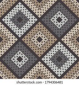 Mosaic with geometric shapes. Geometry. Seamless pattern. Design with manual hatching. Textile. Ethnic boho ornament. Vector illustration for web design or print.