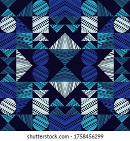 Mosaico de formas geométricas. Patrón sin foco. Geometría. Diseño con eclosión manual. Textil. Ornamento étnico de boho. Ilustración vectorial para diseño web o impresión.