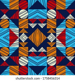 Mosaic of geometric shapes. Seamless pattern. Geometry. Design with manual hatching. Textile. Ethnic boho ornament. Vector illustration for web design or print.