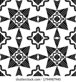 Mosaic with geometric shapes. Seamless pattern. Design with manual hatching. Textile. Ethnic boho ornament. Vector illustration for web design or print.