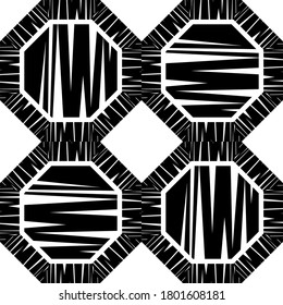 Mosaic with geometric shapes. Seamless pattern. Design with manual hatching. Textile. Ethnic boho ornament. Vector illustration for web design or print.