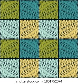 Mosaic with geometric shapes. Seamless pattern. Design with manual hatching. Textile. Ethnic boho ornament. Vector illustration for web design or print.