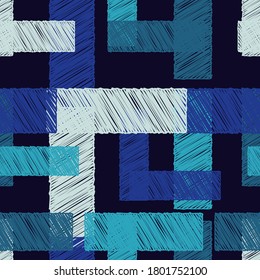 Mosaic with geometric shapes. Seamless pattern. Design with manual hatching. Textile. Ethnic boho ornament. Vector illustration for web design or print.