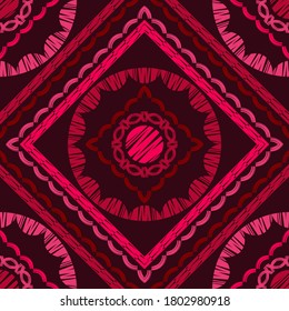 Mosaic with geometric shapes. Seamless pattern. Design with manual hatching. Textile. Ethnic boho ornament. Vector illustration for web design or print.