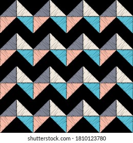 Mosaic with geometric shapes. Seamless pattern. Design with manual hatching. Textile. Ethnic boho ornament. Vector illustration for web design or print.