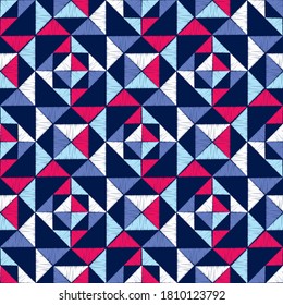 Mosaic with geometric shapes. Seamless pattern. Design with manual hatching. Textile. Ethnic boho ornament. Vector illustration for web design or print.