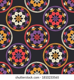 Mosaic with geometric shapes. Seamless pattern. Design with manual hatching. Textile. Ethnic boho ornament. Vector illustration for web design or print.