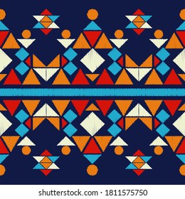 Mosaic with geometric shapes. Seamless pattern. Design with manual hatching. Textile. Ethnic boho ornament. Vector illustration for web design or print.