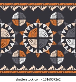 Mosaic with geometric shapes. Seamless pattern. Design with manual hatching. Textile. Ethnic boho ornament. Vector illustration for web design or print.