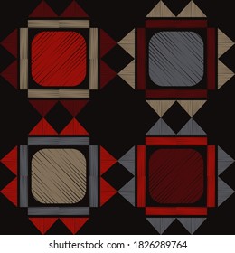 Mosaic with geometric shapes. Seamless pattern. Design with manual hatching. Textile. Ethnic boho ornament. Vector illustration for web design or print.
