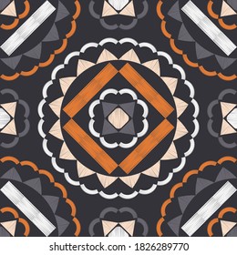 Mosaic with geometric shapes. Seamless pattern. Design with manual hatching. Textile. Ethnic boho ornament. Vector illustration for web design or print.