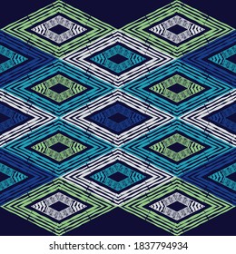 Mosaic with geometric shapes. Seamless pattern. Design with manual hatching. Textile. Ethnic boho ornament. Vector illustration for web design or print.