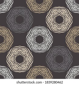 Mosaic with geometric shapes. Seamless pattern. Design with manual hatching. Textile. Ethnic boho ornament. Vector illustration for web design or print.