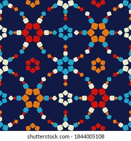 Mosaic with geometric shapes. Seamless pattern. Design with manual hatching. Textile. Ethnic boho ornament. Vector illustration for web design or print.
