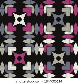 Mosaic with geometric shapes. Seamless pattern. Design with manual hatching. Textile. Ethnic boho ornament. Vector illustration for web design or print.