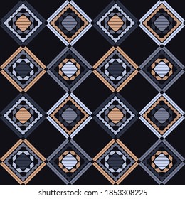 Mosaic with geometric shapes. Seamless pattern. Design with manual hatching. Textile. Ethnic boho ornament. Vector illustration for web design or print.