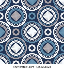 Mosaic with geometric shapes. Seamless pattern. Design with manual hatching. Textile. Ethnic boho ornament. Vector illustration for web design or print.